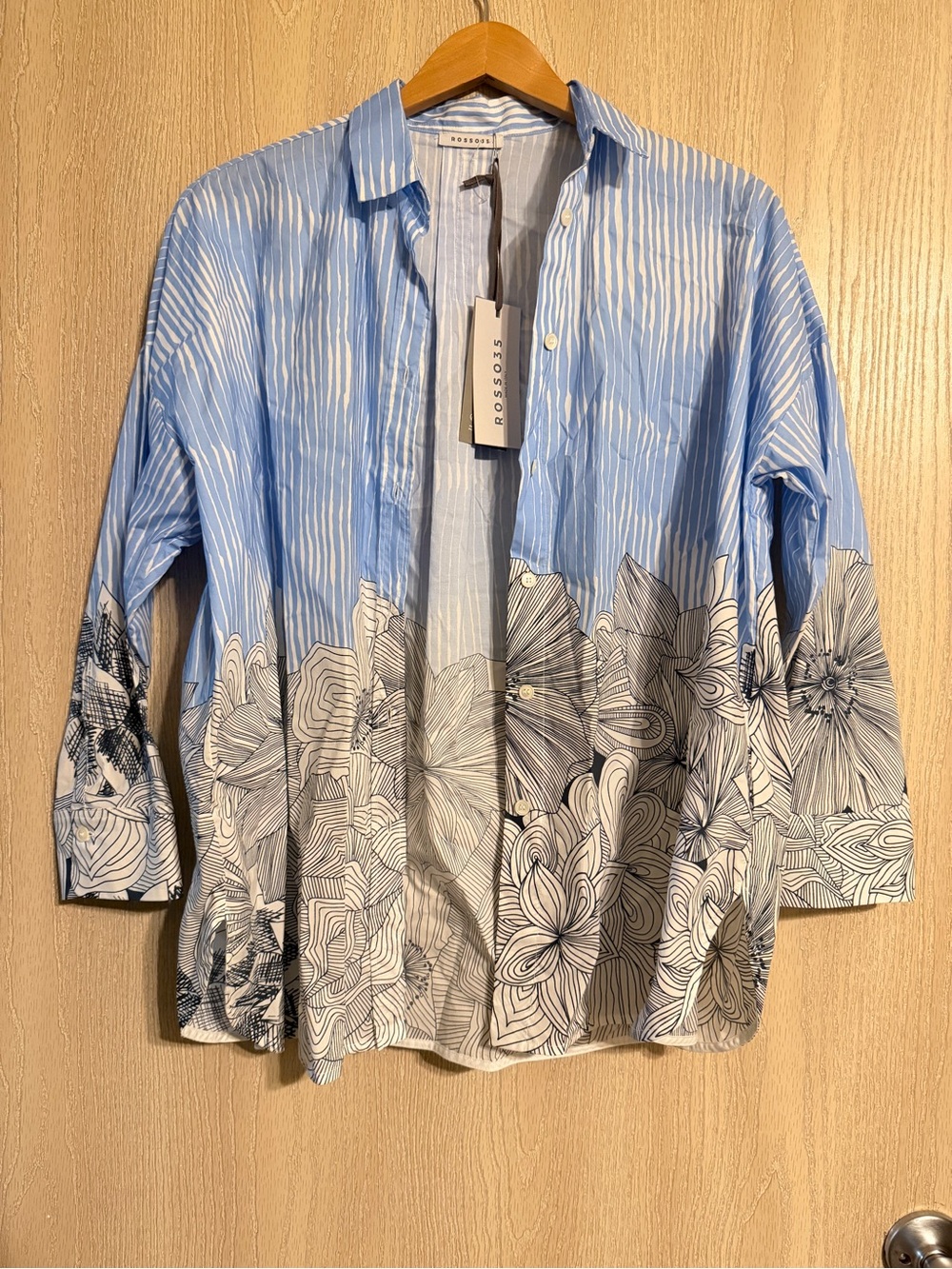 ROSSO35 NWT Italian 100% Cotton Blue Stripe Floral Oversized Button Blouse